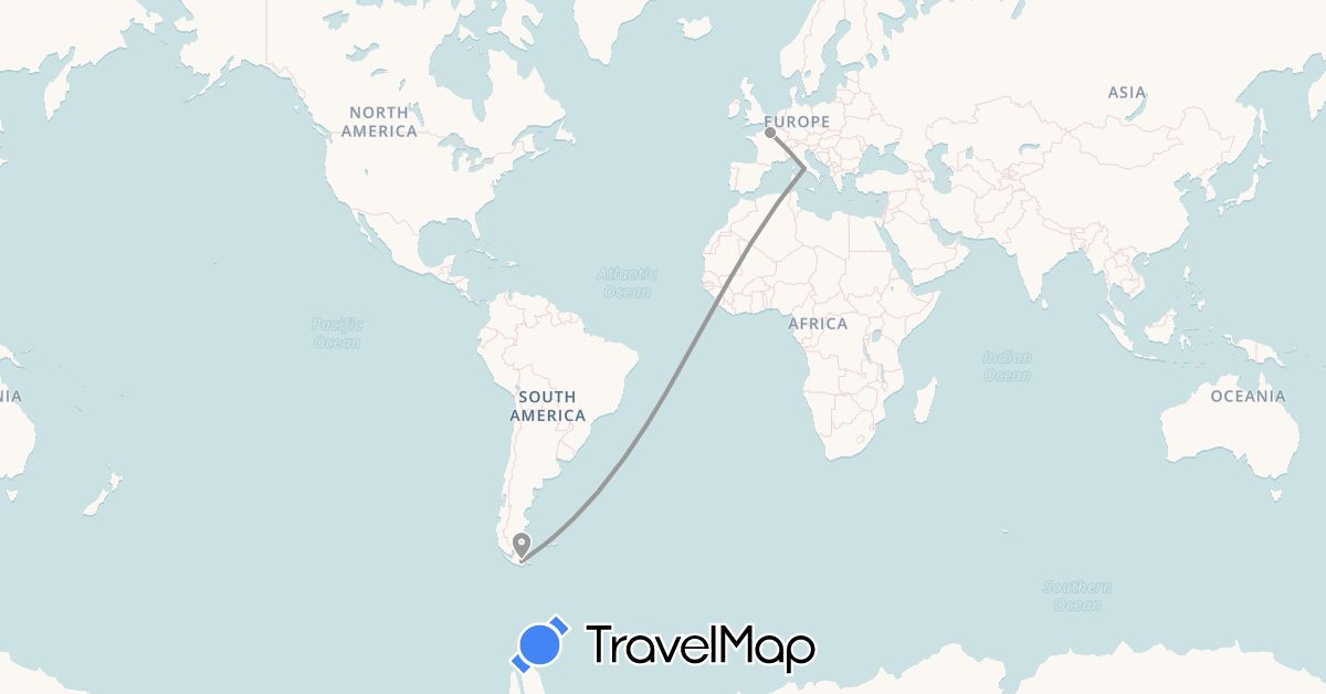 TravelMap itinerary: driving, plane in Argentina, France, Italy (Europe, South America)